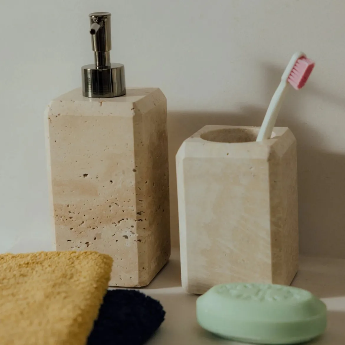 Dispensador jabón baño mármol travertino Travertinodi