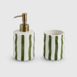 Portacepillos baño cerámica rayas verdes Olivace